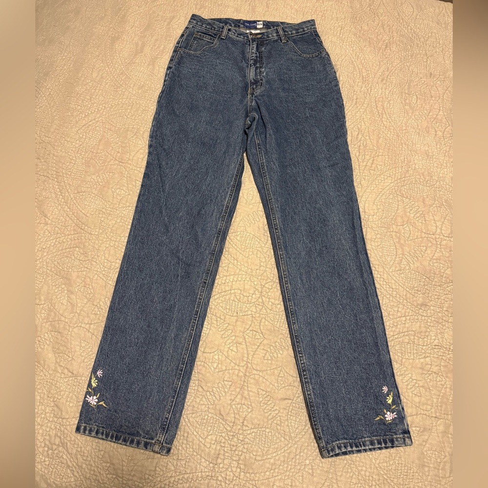 Vintage 90s Cottage Essentials Floral Embroidered 100% Cotton Denim Jeans